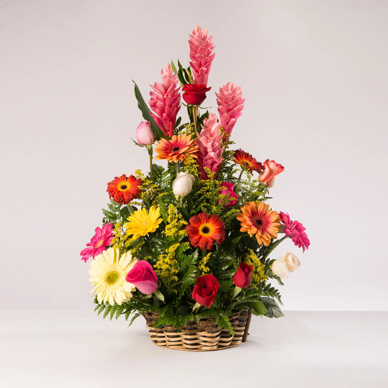 Canasta de gerberas de distintos colores, acomapañadas de rosas de colores, flor tropical ginger con follaje verde.