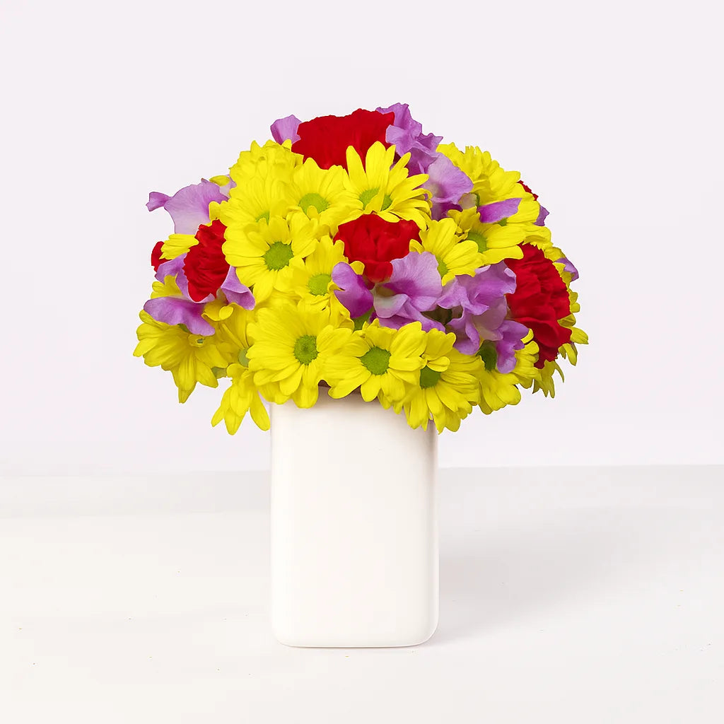 Arreglo floral con margaritas amarillas, claveles rojos y flores moradas.